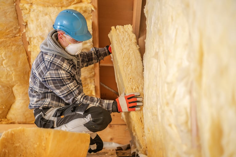 Worker installing insulation in new construction